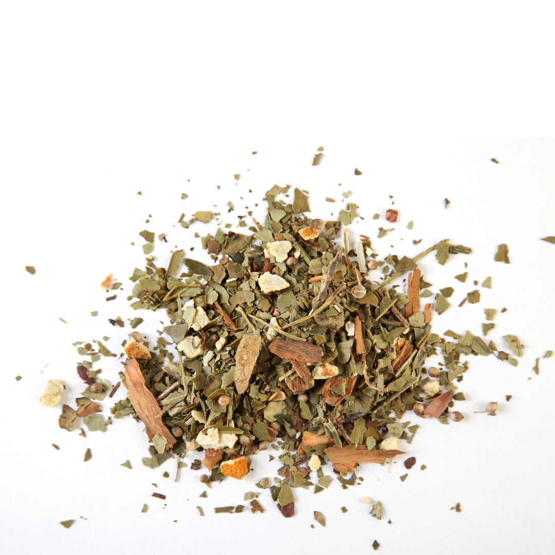 Yerba mate canchada with tea leaves, cardamom, coriander, orange, ginger.